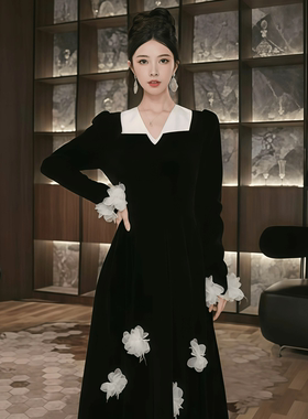 15613 富家千金风黑色丝绒连衣裙女立体花朵气质长裙