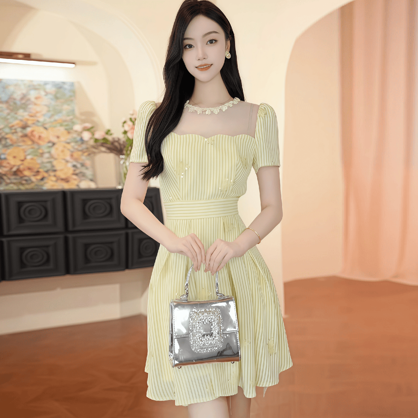 韩版轻奢小个子条纹短袖礼服