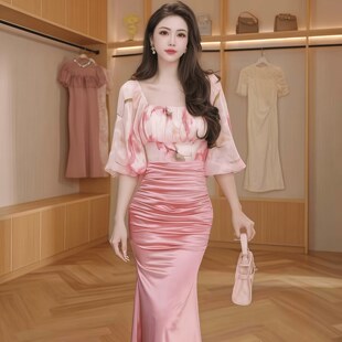 连衣裙 复古浪漫印花撞色方领包臀鱼尾裙女气质收腰修身 48100 法式