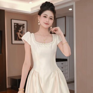 连衣裙夏季 甜美千金高级感钉珠短袖 气质收腰显瘦公主裙 法式 22056