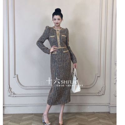 【十六原创】玛瑙灰小香风复古加厚显瘦名媛女装秋冬连衣裙51233