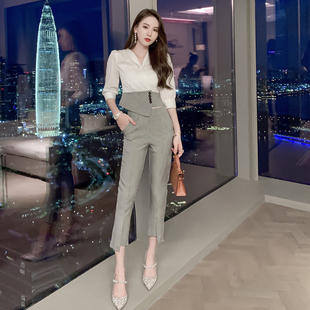 格子时尚套装气质时尚名媛女神范显瘦两件套洋气高腰九分小脚裤女