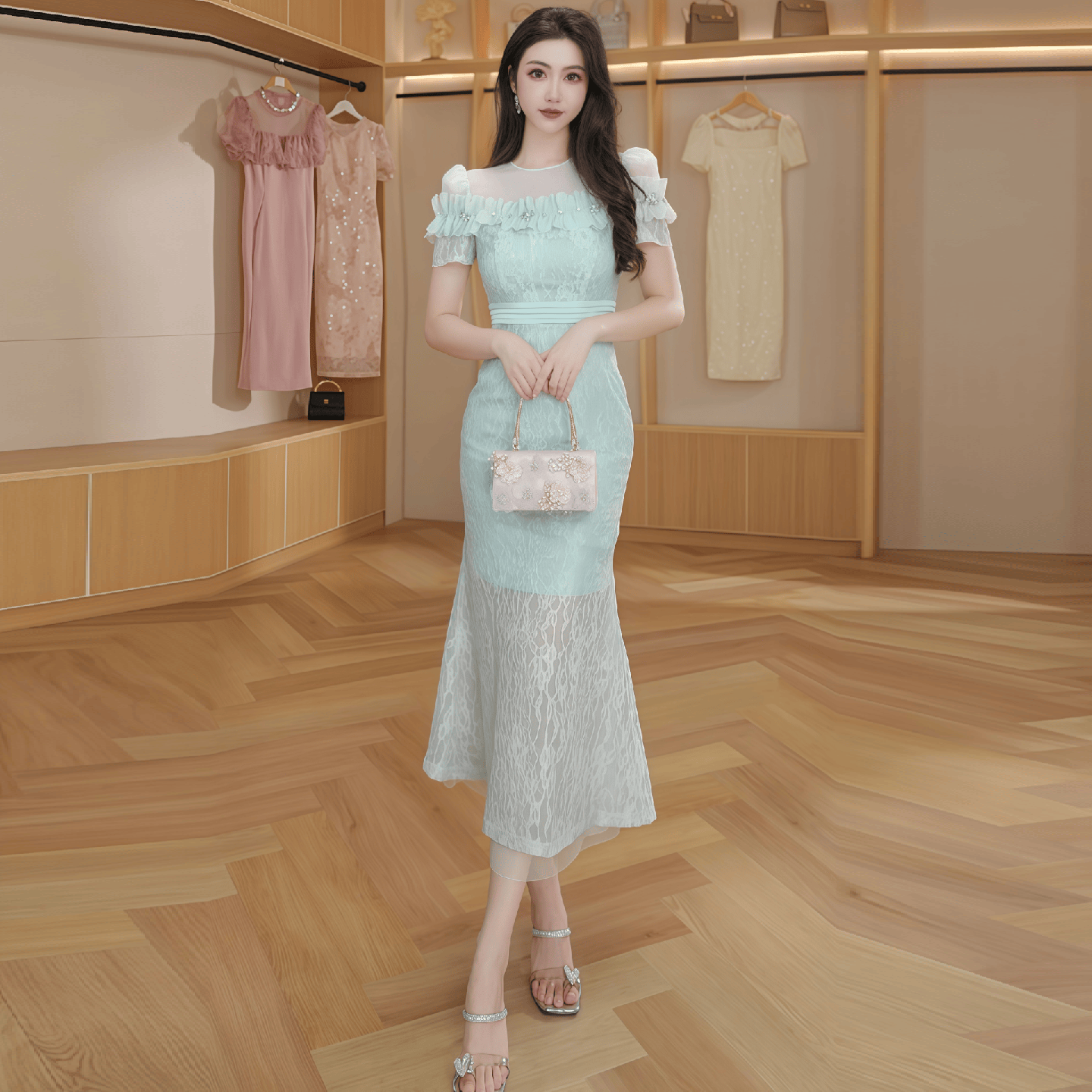 83105千金穿搭蕾丝绝美连衣裙夏季轻盈感提花修身包臀鱼尾礼服裙