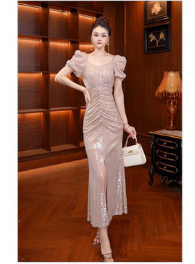 鱼尾裙长裙短裙摆方领短袖礼服短裙纯色中腰刺绣V领45128