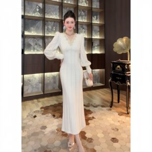 11370显瘦气质长袖白色轻奢法式时尚修身名媛优雅长款秋冬连衣裙