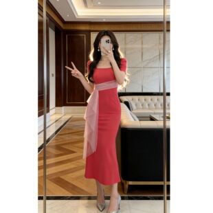 83050女人味原创设计简约中长裙法式 名媛鱼尾连衣裙 减龄收腰时尚