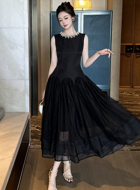 9883黑色无袖连衣裙法式高级感小众珍珠领高冷御姐风气质礼服裙