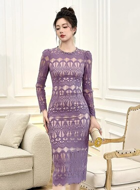 21909 女人味圆领蕾丝连衣裙女收腰显瘦名媛风紫色镂空包臀长裙