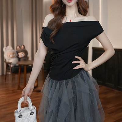 夏季法式设计师不规则网纱连衣裙