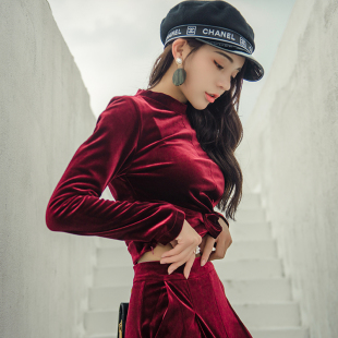 港味丝绒高腰两件套 时尚 新款 晚晚风小心机女神范套装