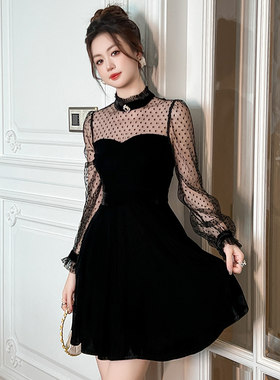 小个子礼服轻奢小众高端2025新款女秋冬宴会气质黑色丝绒连衣短裙
