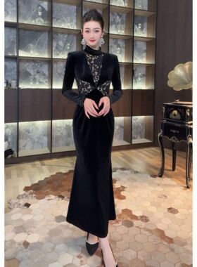 70610名媛显瘦气质长袖时尚黑色复古修身秋季轻奢长款法式连衣裙