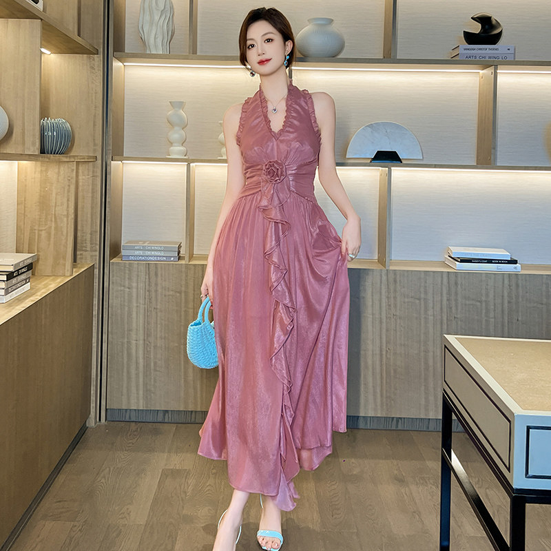 乔其纱挂脖连衣裙轻奢高级感高端名媛长款开叉气质收腰显瘦礼服裙