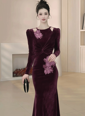 28013 立体花朵名媛丝绒连衣裙女秋冬季出席重要场合掐腰长裙