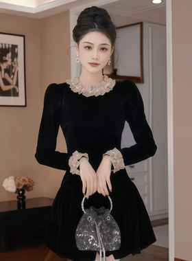 22006 高级黑色赫本风气质款丝绒连衣裙富家千金miu系穿搭小黑裙