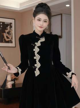 45481 新中式国风名媛复古金丝绒连衣裙洋气黑色旗袍