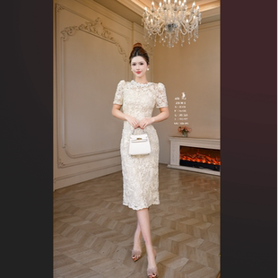 连衣裙22064 杏色·简约显白高级显瘦名媛新款 原创