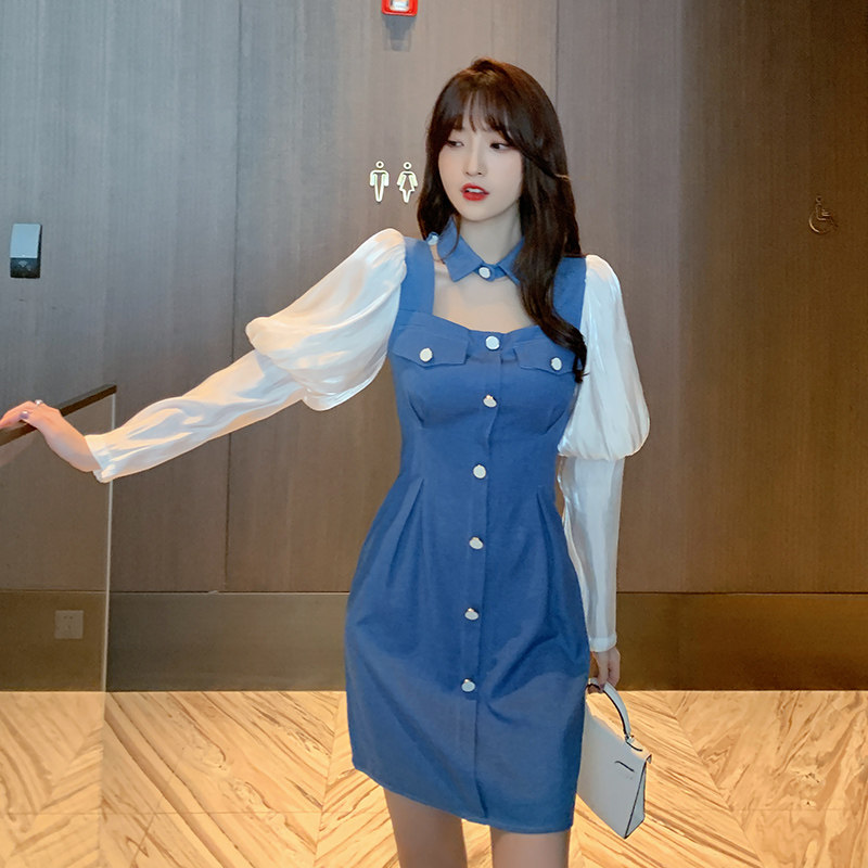 Lisa风甜飒牛仔连衣裙小个子设计感灯笼袖镂空挂脖减龄收腰短裙子