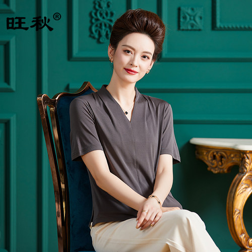 旺秋短袖套头V领重磅加捻真丝T恤