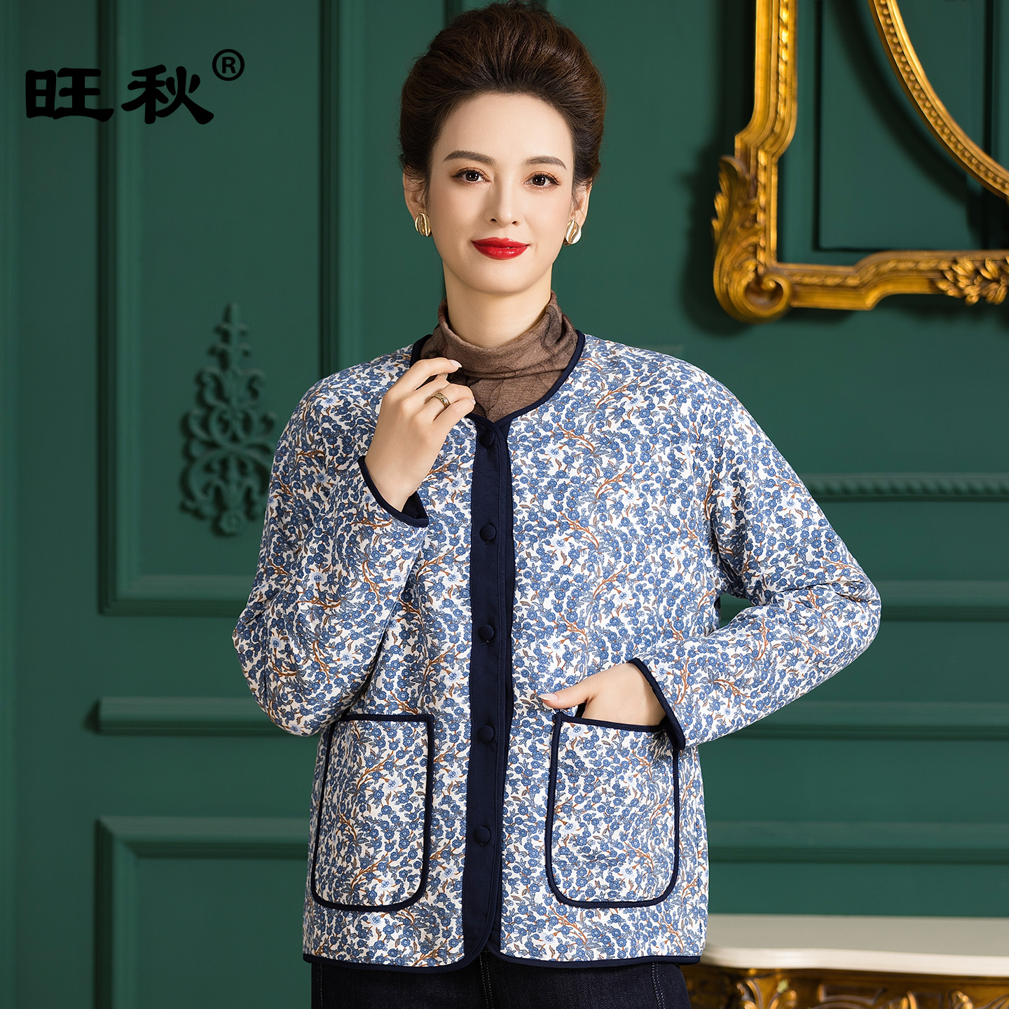 圆领桑蚕丝填充棉服外套女