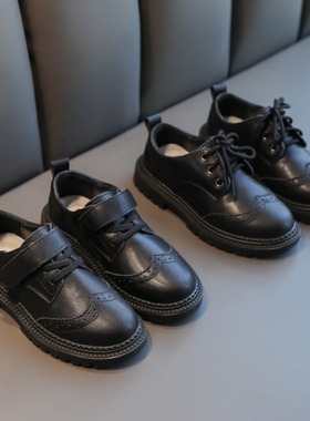 男童皮鞋黑色软底女童真皮春秋冬加绒英伦男孩小学生表演出儿童鞋