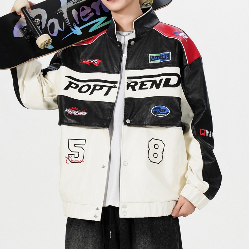 春秋季情侣时尚棒球美式潮牌拼接赛车服骑行夹克设计感可拆卸皮衣