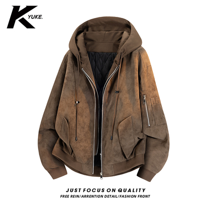 假两件麂皮绒棉衣男款冬季潮牌加厚保暖宽松连帽棉服男装冬装外套