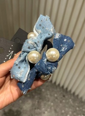 实拍  韩国edito新款牛仔亮片蝴蝶结珍珠新款气质款发圈发绳