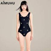 AIMUHU黑色吊带刺绣蜜蜂连体泳衣女性感显瘦露背运动冲浪泳装