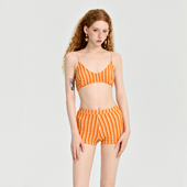 2026新款 橘色条纹比基尼泳衣女三件套平角分体游泳衣海岛度假温泉