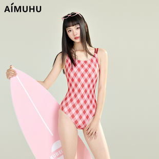 艾慕狐2025年新款高级感女款竞速泳衣连体格子显瘦专业三角游泳衣