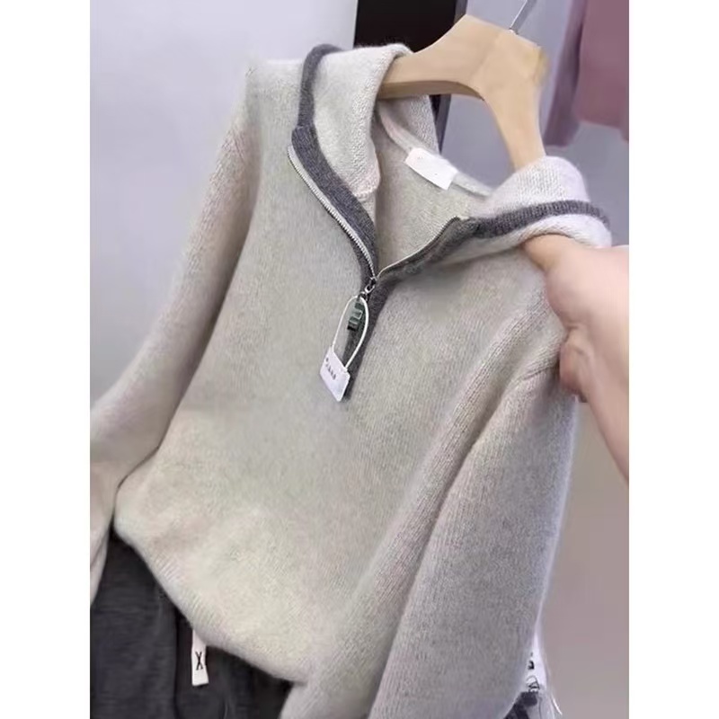 胖mm大码300斤洋气时髦撞色连帽半拉链针织衫毛衣女秋冬加厚上衣