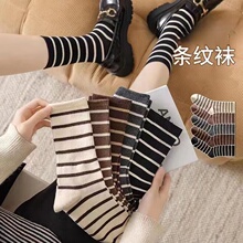 5双装韩版新款条纹中筒袜春秋日系女士黑白长筒袜咖色ins潮流百搭