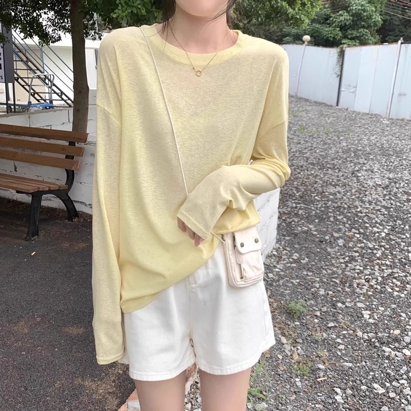 女士冰凉冰丝防晒空调罩衫薄款微透长袖夏季简约慵懒风圆领套头