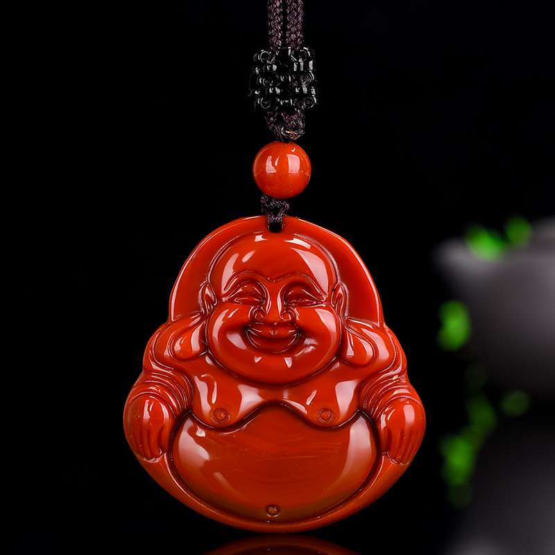 南红玛瑙观音吊坠笑佛挂坠天然柿子红川料火焰纹项链坠情侣民族风