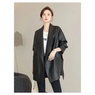 洋气廓型绵羊皮外套西装 真皮皮衣女中长款 领系带 新款 海宁2024秋季