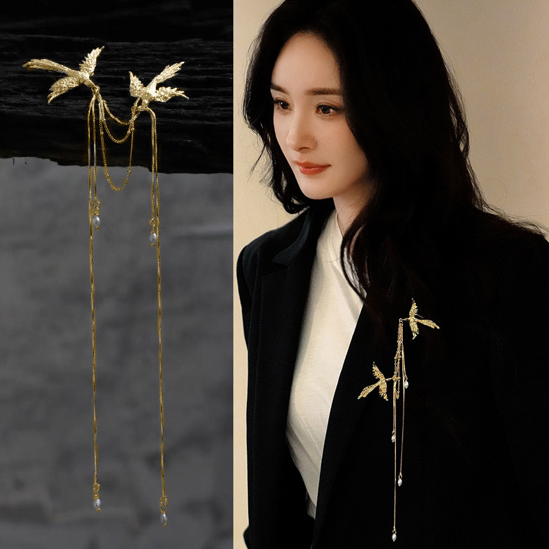 金色飞鸟流苏胸针女款高档奢华气质西装别针小众精致时尚大衣配饰