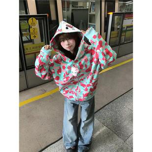 日本JKCK Kitty猫迷彩双帽子卫衣女秋季复古学院情侣开衫连帽外套