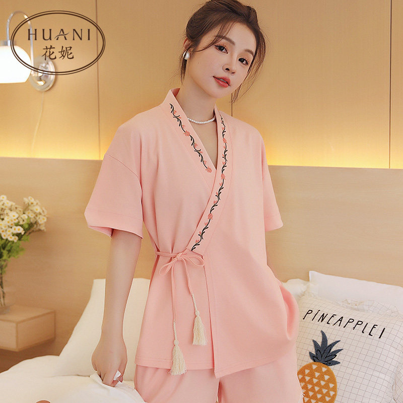 新中式睡衣女夏季2026新款汉服系带和服家居服短袖短裤古风绣花