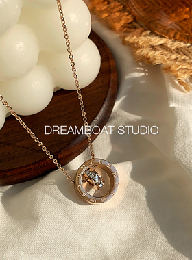 DREAMBOAT 罗马数字轻奢项链女双环钻网红锁骨链气质钛钢圆环吊坠