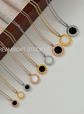 DREAMBOAT 罗马数字黑白双面项链天然贝壳简约时髦钛钢镀金锁骨链