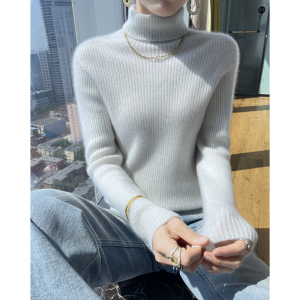 气质白灰色羊绒衫女经典坑条高领修身羊绒毛衣配大衣保暖针织衫