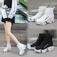 Mùa thu dày đáy tăng mềm đáy graffiti cao giúp giày đơn ren nữ dệt kim thoáng khí Martin booties - Giày cao gót giày thể thao nữ cổ cao màu trắng