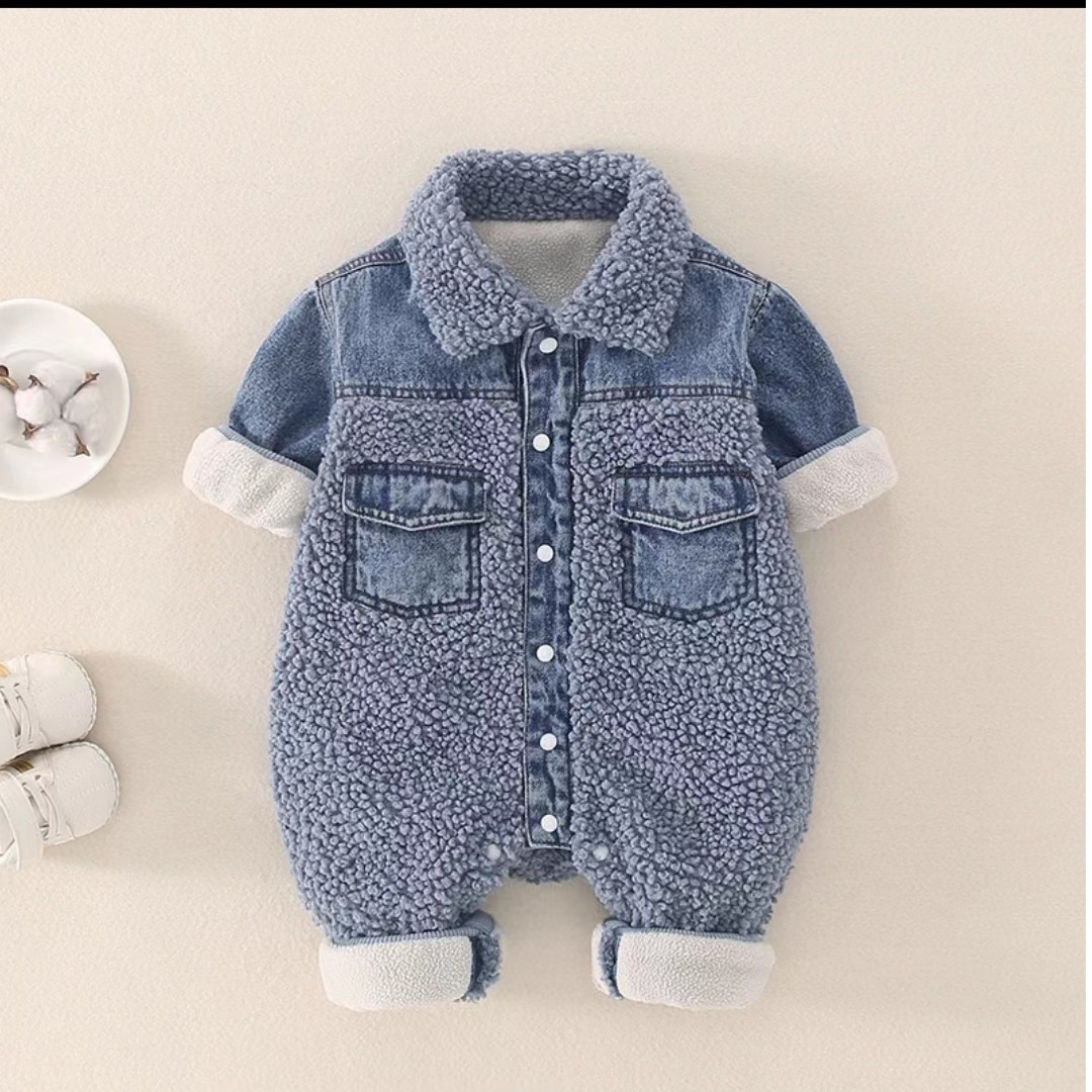 MR秋冬款新款冬款牛仔棉哈衣翻领拼接双兜婴幼儿男女宝宝连体衣