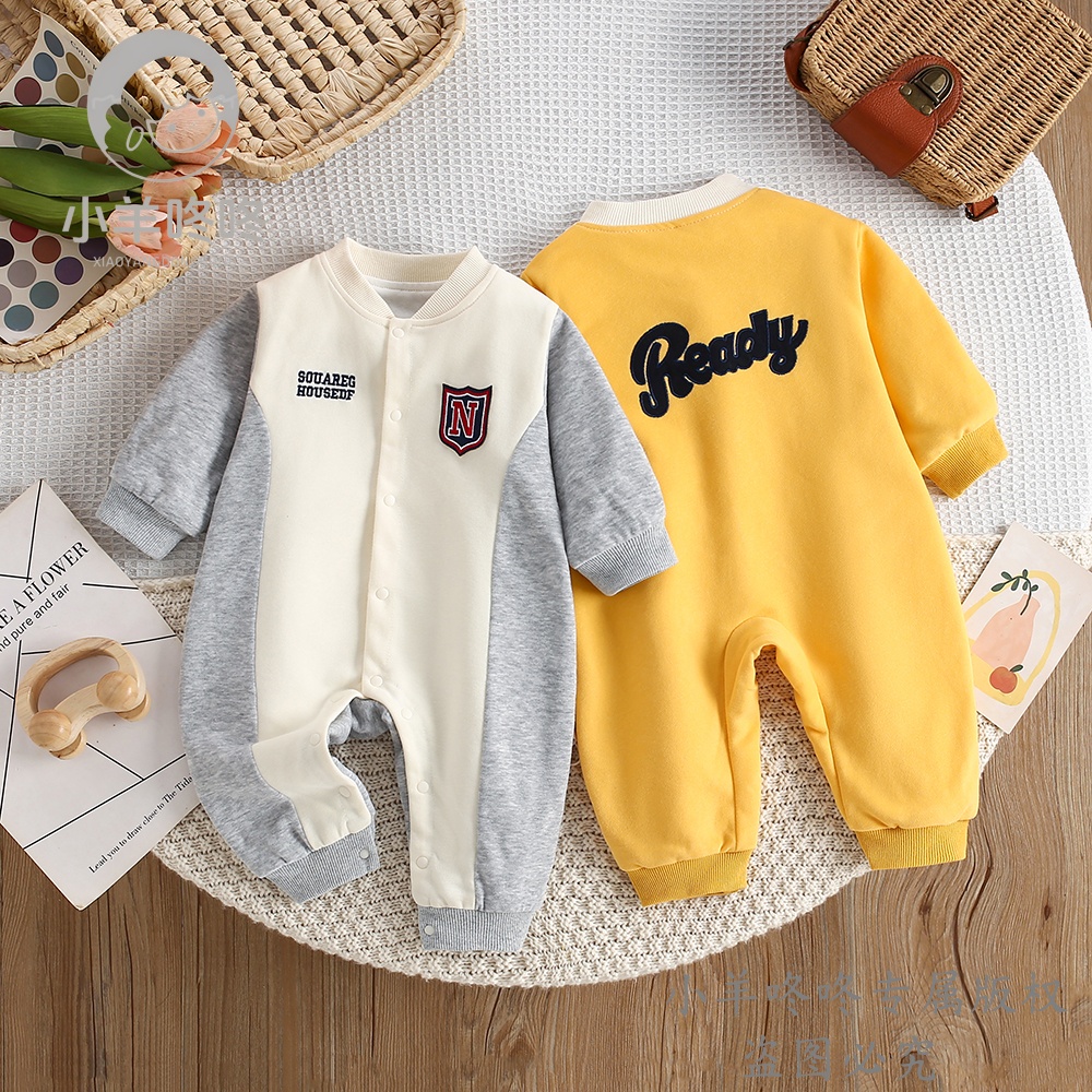 春秋季新款小N学者立领哈衣宝宝婴幼儿双层长袖拼色学院风连体衣