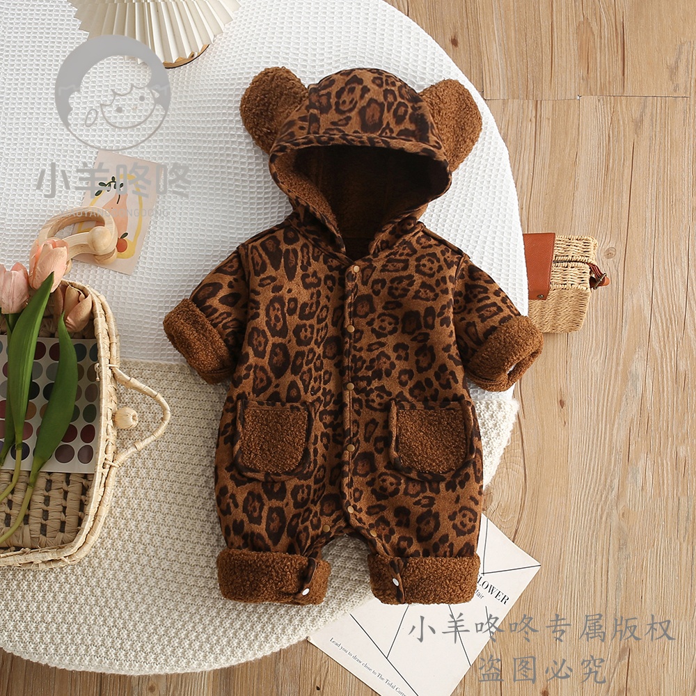 春秋款小豹斑绒热岛加绒保暖连帽双兜长袖婴幼儿男女宝连体衣爬服