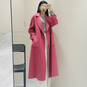 雪松粉双面零羊绒大衣女长款过膝秋冬新款赫本风宽松毛呢外套高端