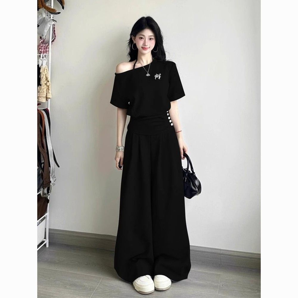 慵懒风穿搭休闲运动服套装女夏季露肩收腰短袖上衣阔腿长裤两件套
