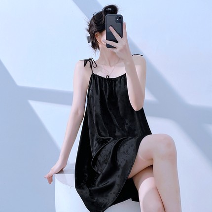 性感睡衣女夏季纯欲风绑带吊带睡裙女纯色凉感家居服带胸垫