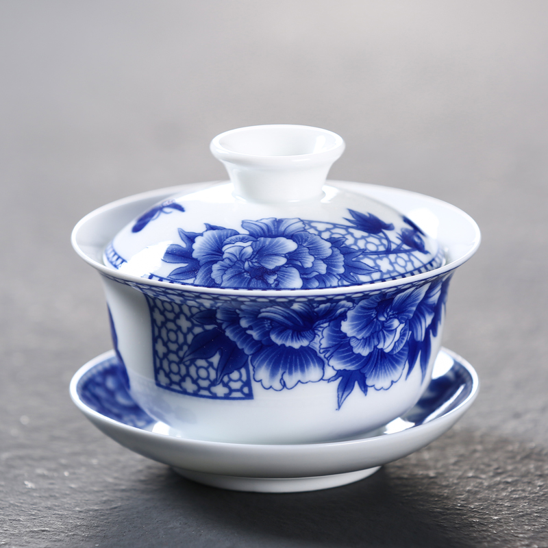 青花大号盖碗茶碗功夫茶具三才碗陶瓷青花瓷茶杯手碗泡茶器